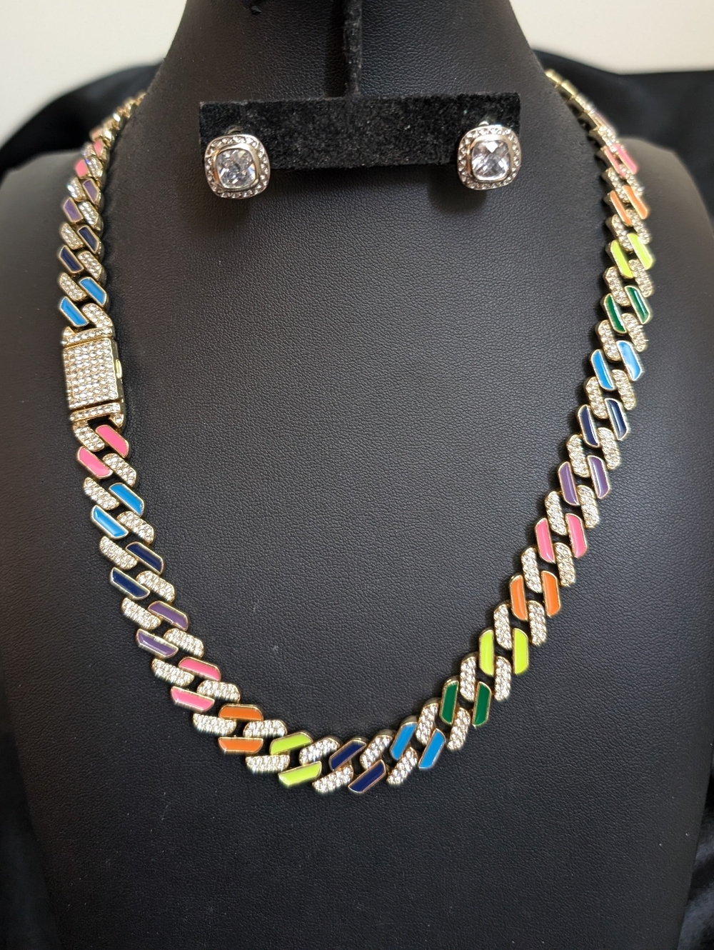#14. Enamel & Rhinestone Link Necklace & Earrings